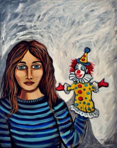 Serious Girl With a Clown Puppet, Acrylic on Canvas